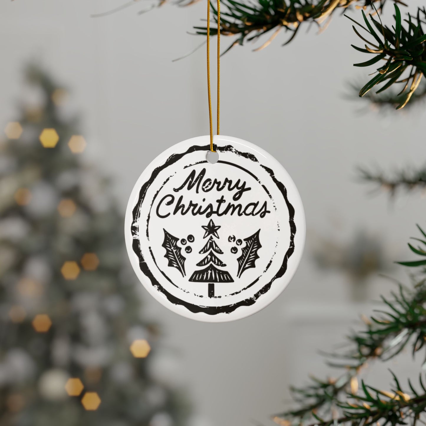 Merry Christmas Ceramic Ornament — Double-Sided Round Holiday Tree & Holly Decoration (1–10 pcs)