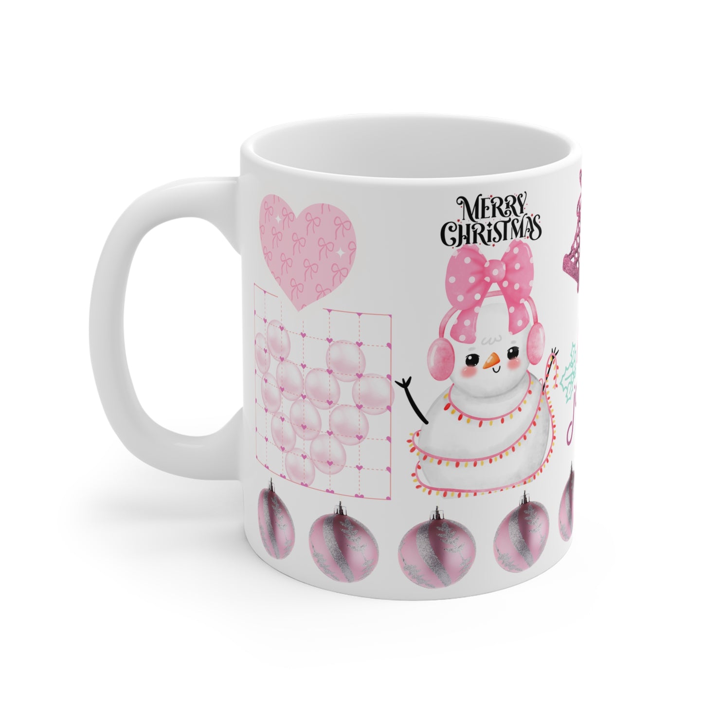 Holly Jolly Pink Christmas Mug — Cute Snowman Holiday Ceramic Coffee Cup