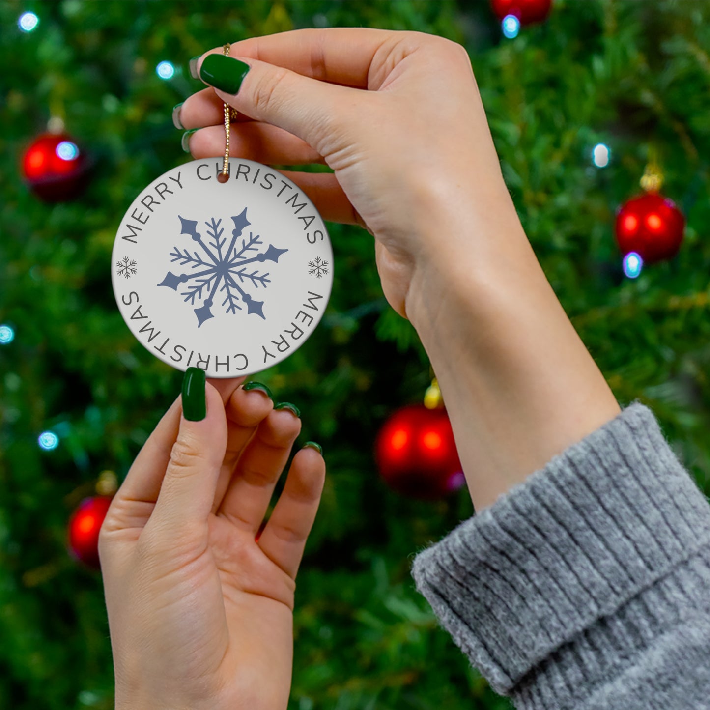 Ceramic Christmas Ornament — Blue Snowflake "Merry Christmas" Round Tree Decoration