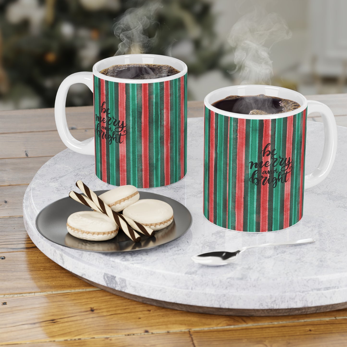 Christmas Stripe Mug — 'Be Merry and Bright' Holiday Ceramic Coffee Cup