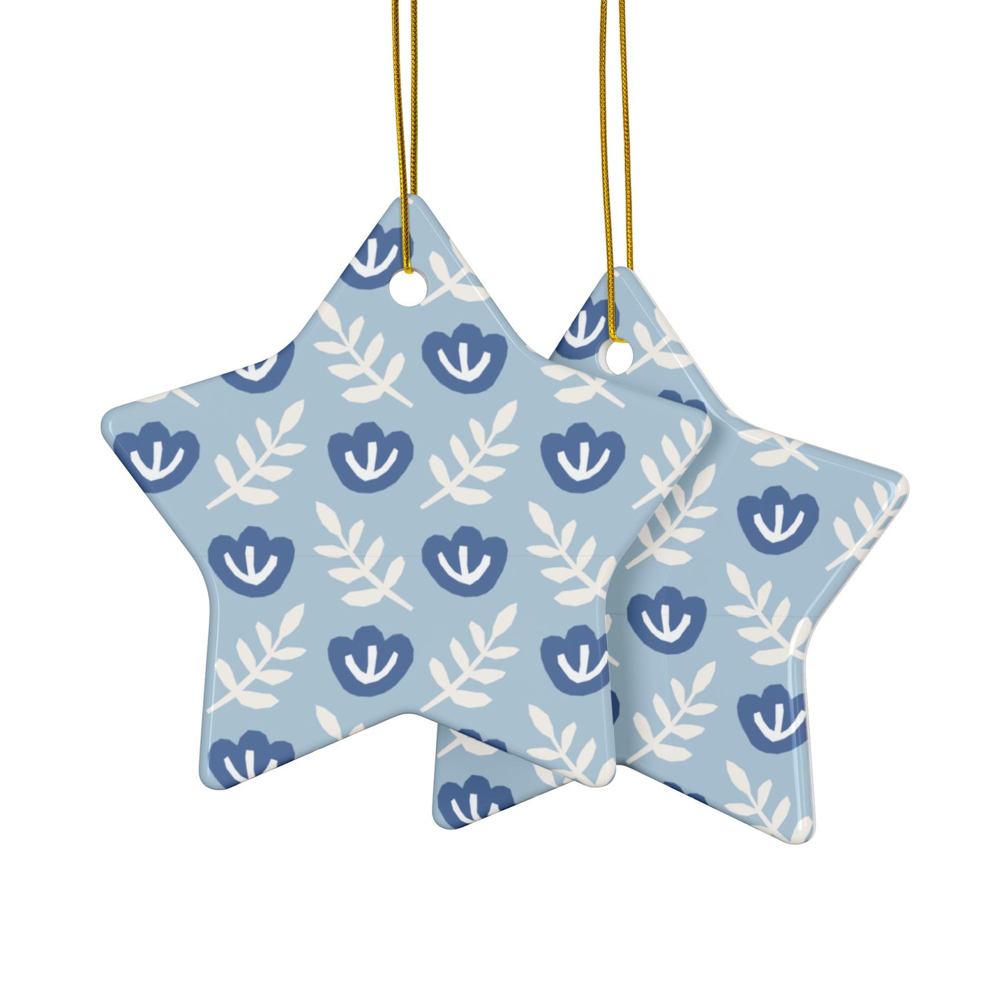 Blue Folk Floral Ceramic Ornament – Round 2-Sided Holiday Decoration