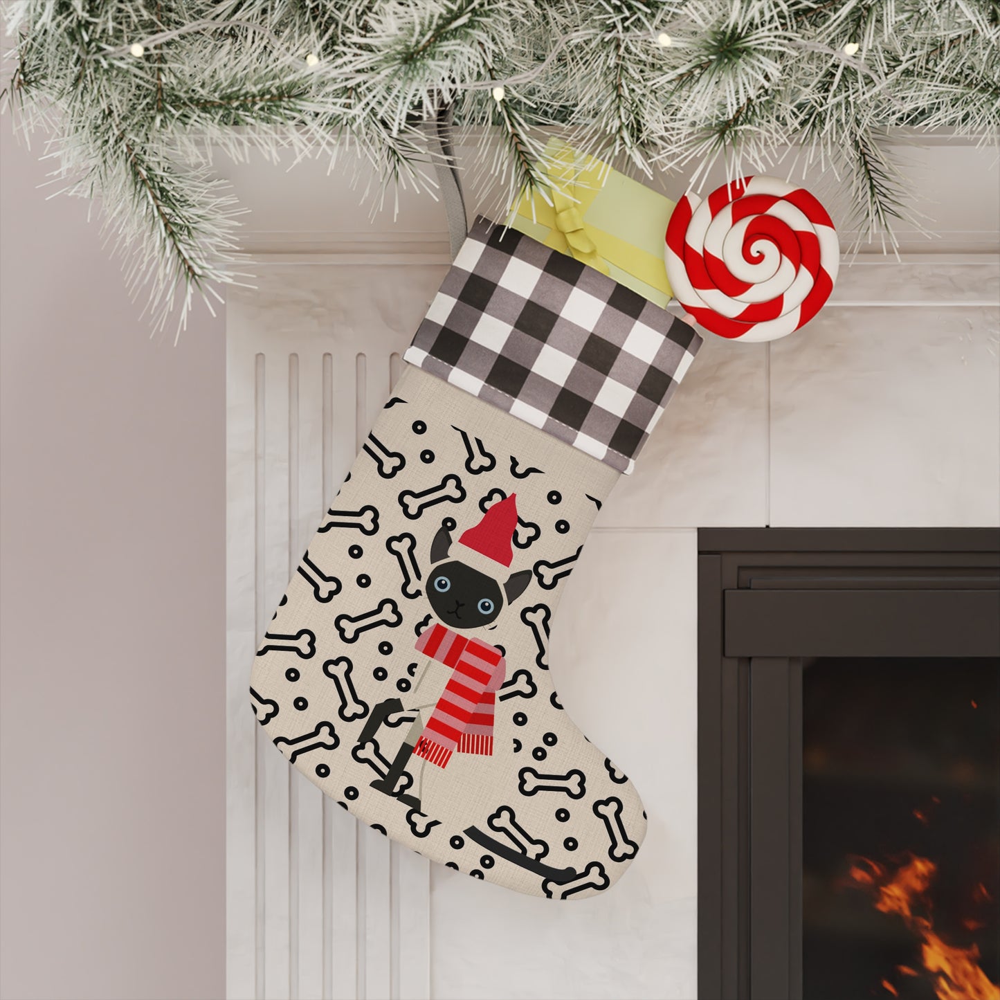 Siamese Cat & Bones Christmas Stocking — Plaid Cuff Holiday Pet Stocking