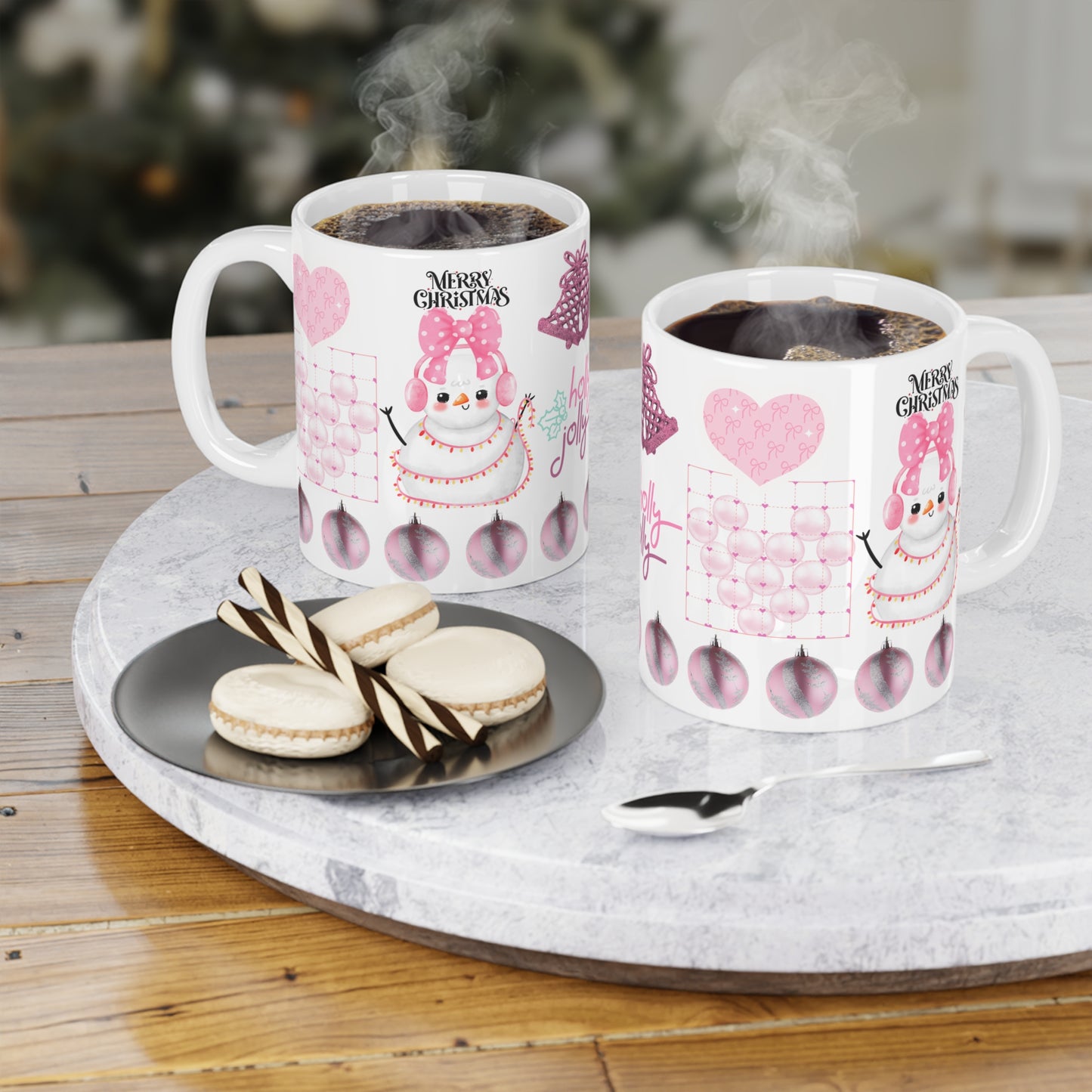 Holly Jolly Pink Christmas Mug — Cute Snowman Holiday Ceramic Coffee Cup