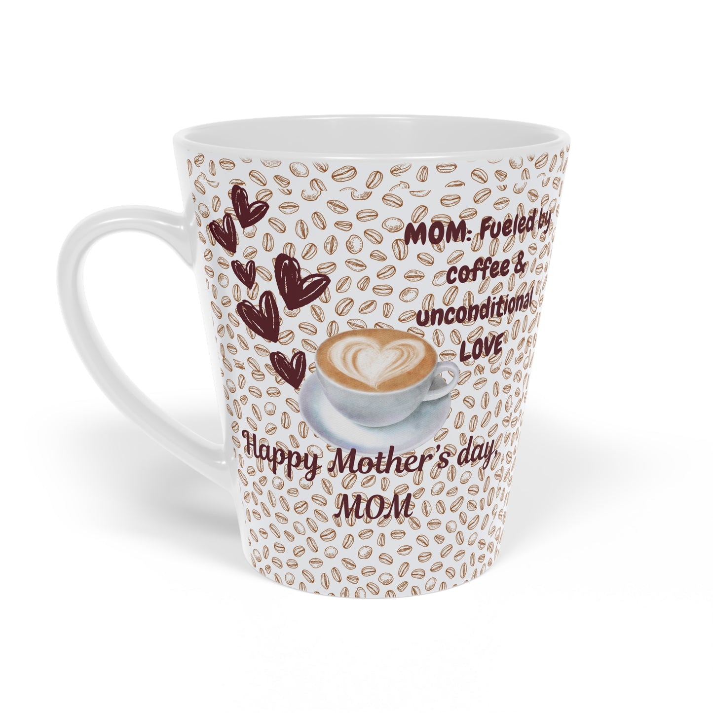Mom's Happy Latte Mug - 12oz Coffee Cup with Heart Design
