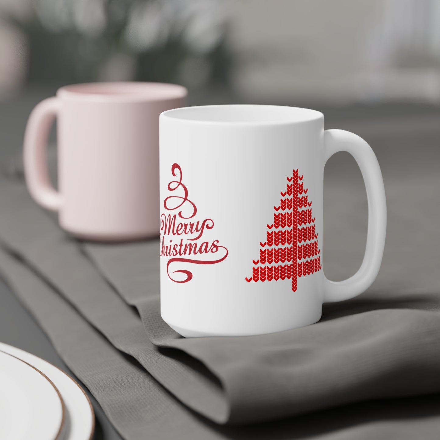 Merry Christmas Ceramic Mug — Red Holiday Tree Coffee Cup (11/15/20oz)