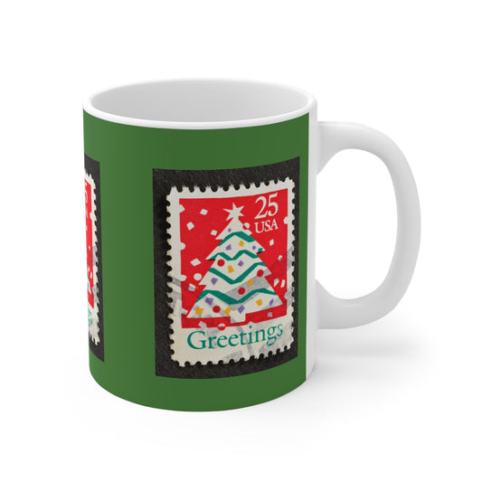 Holiday Stamp Mug — 'Greetings' Christmas Tree Ceramic Coffee Cup