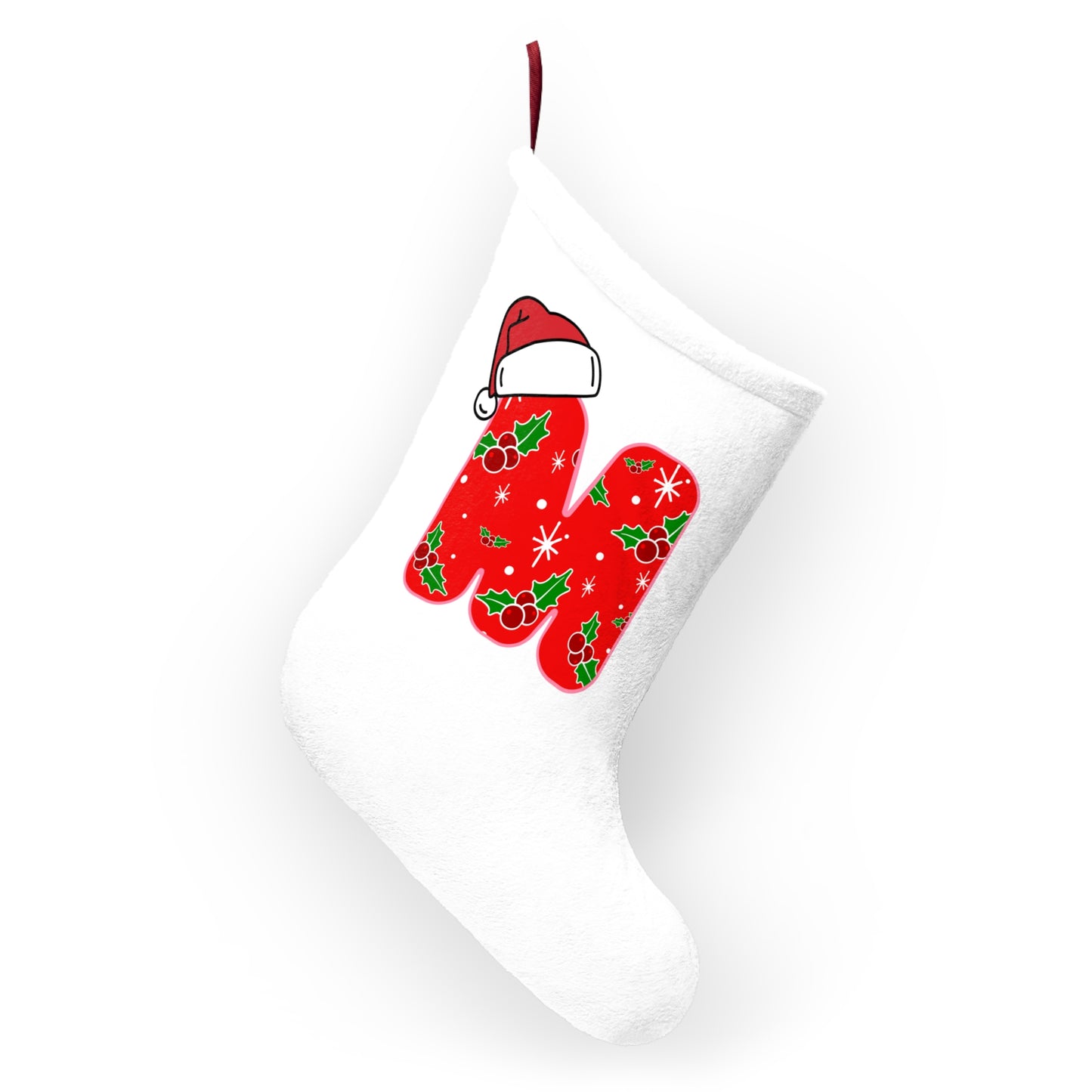 Personalized Christmas Stocking 'M' — Festive Holly & Santa Hat Holiday Stocking