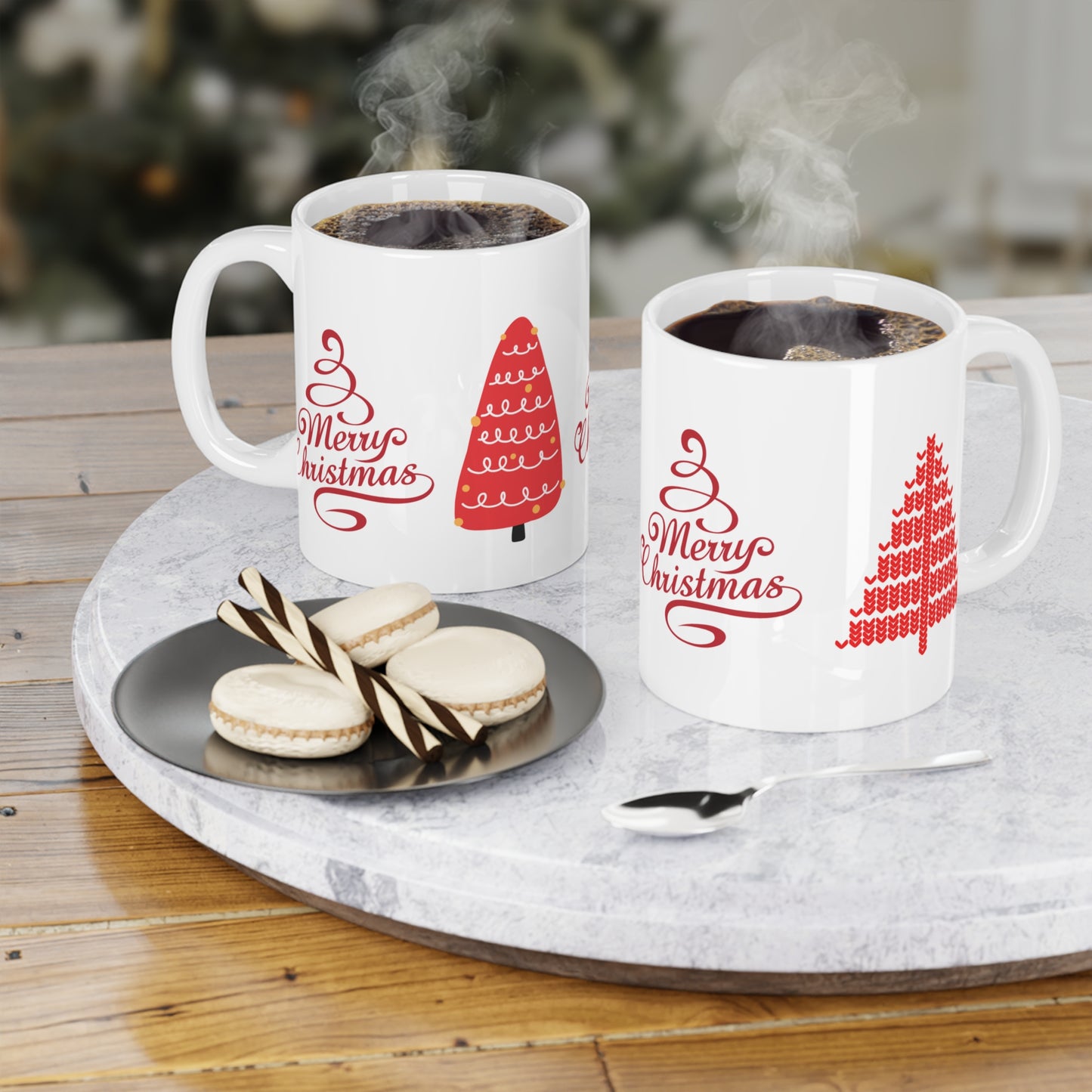Merry Christmas Ceramic Mug — Red Holiday Tree Coffee Cup (11/15/20oz)
