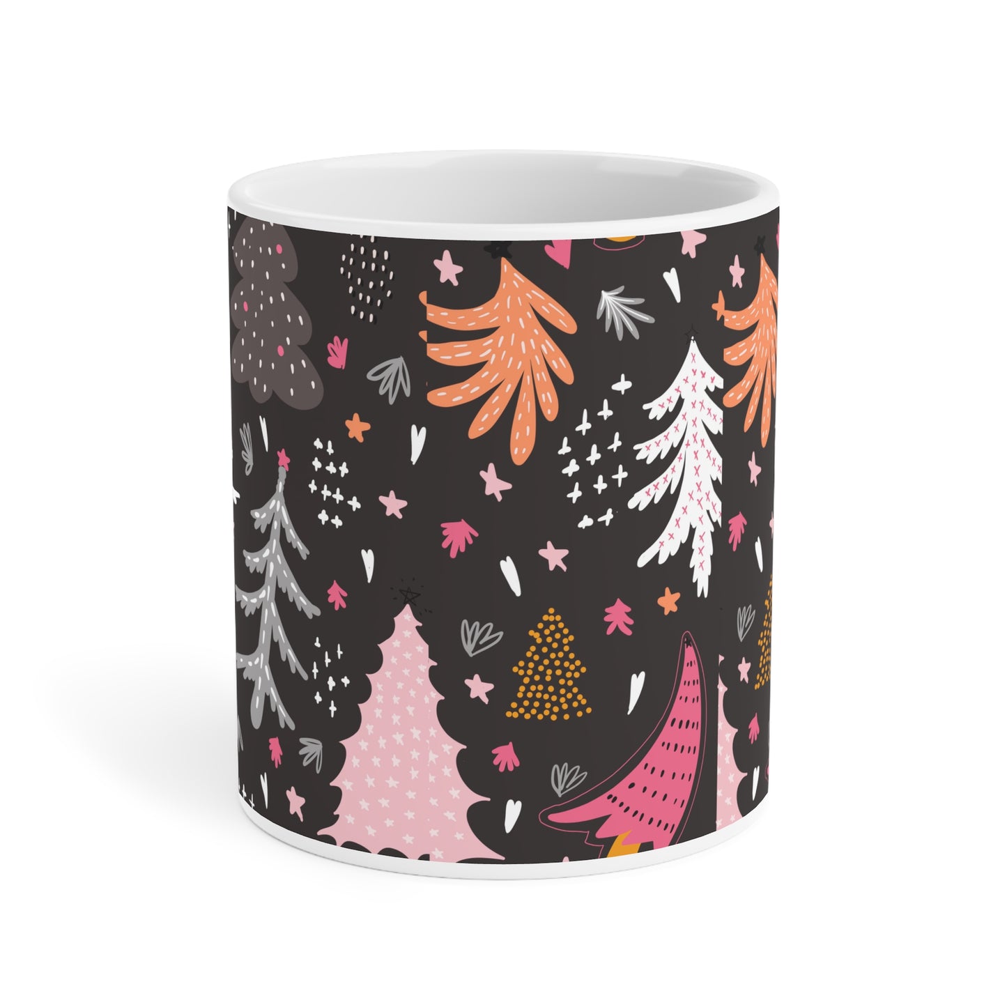 Christmas Tree Pattern Ceramic Mug — Pink & Gold Holiday Coffee Cup