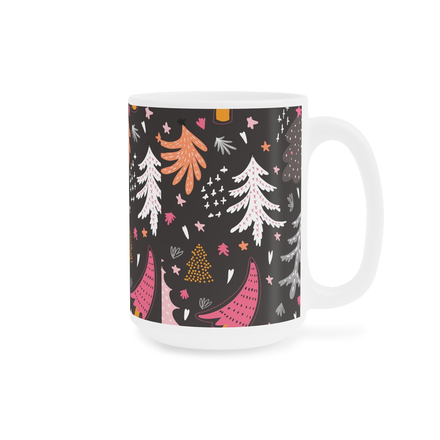 Christmas Tree Pattern Ceramic Mug — Pink & Gold Holiday Coffee Cup