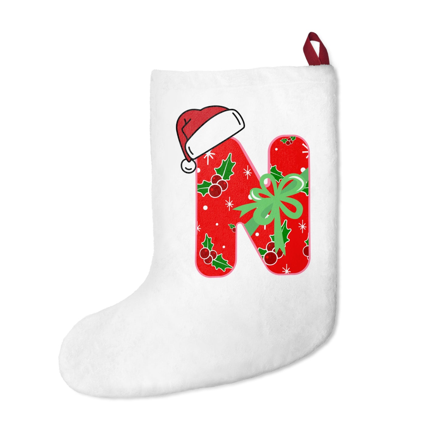 Personalized Letter Christmas Stocking - Red Holly N with Santa Hat & Gift Bow