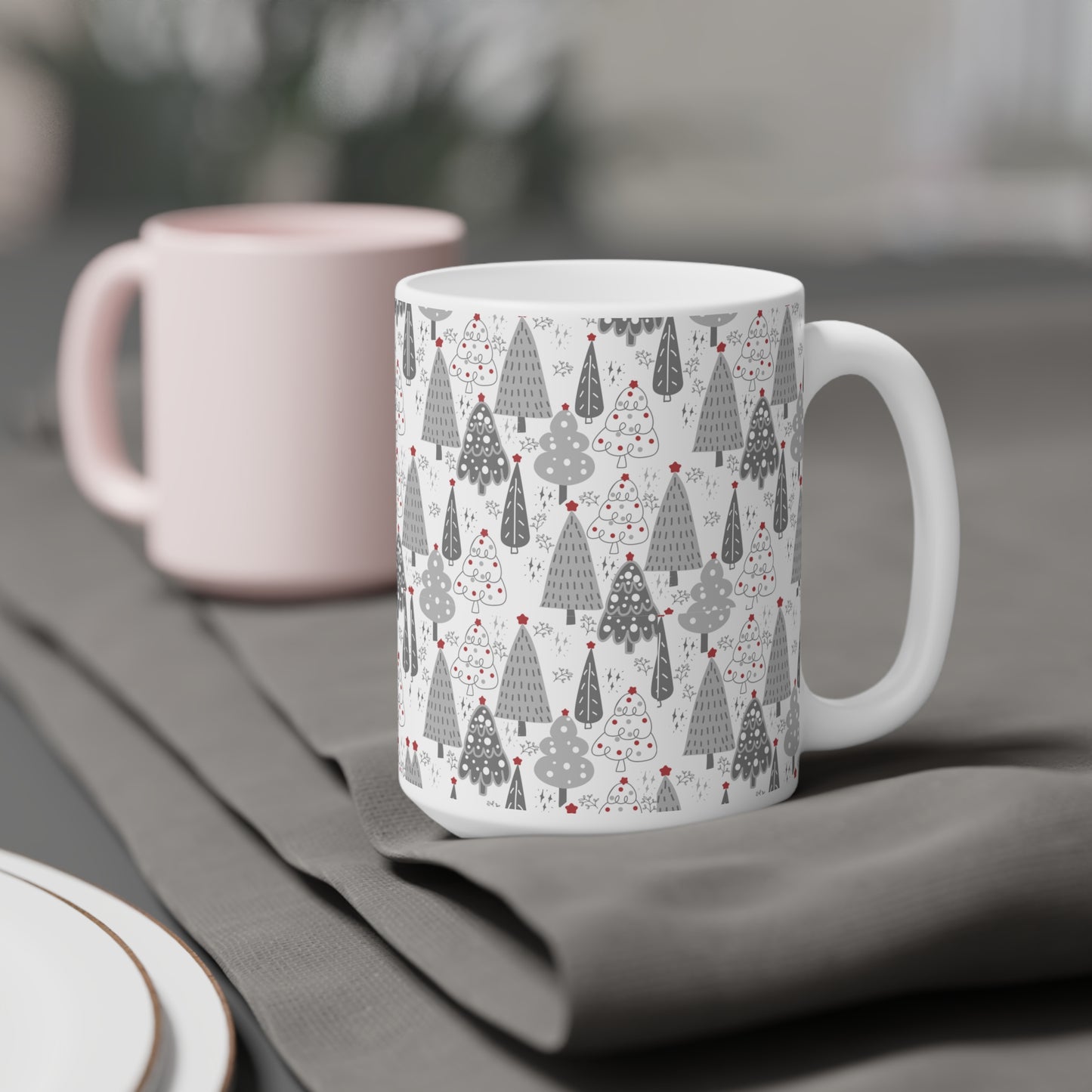 Christmas Tree Pattern Mug — Festive Grey Holiday Ceramic Coffee Cup