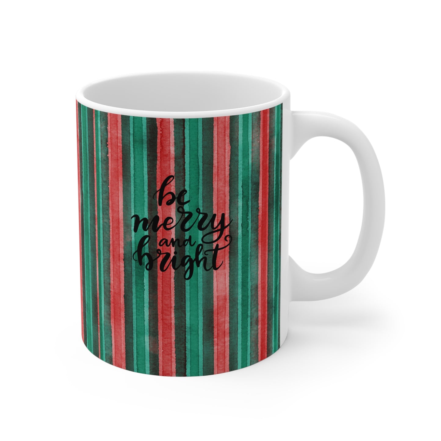 Christmas Stripe Mug — 'Be Merry and Bright' Holiday Ceramic Coffee Cup