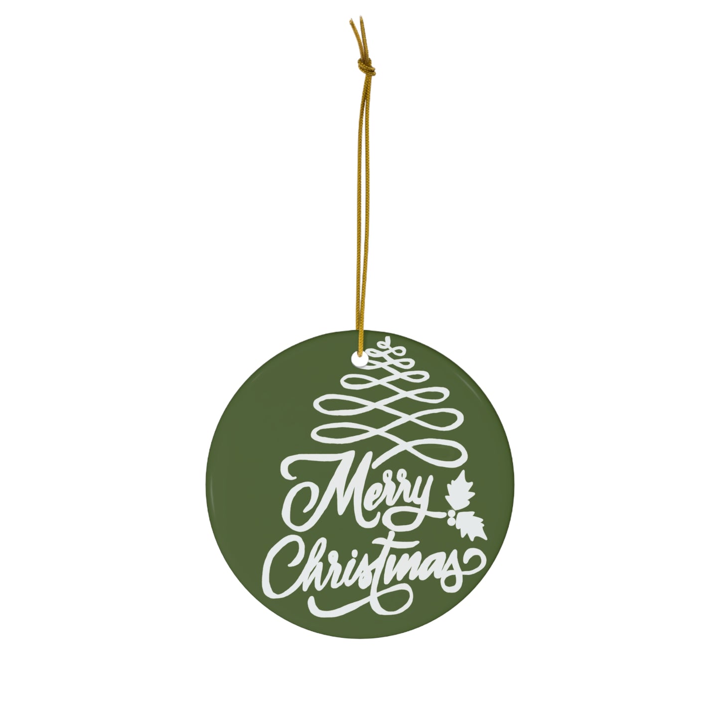 Merry Christmas Ceramic Ornament – Green Hand-Lettered Holiday Tree Ornament